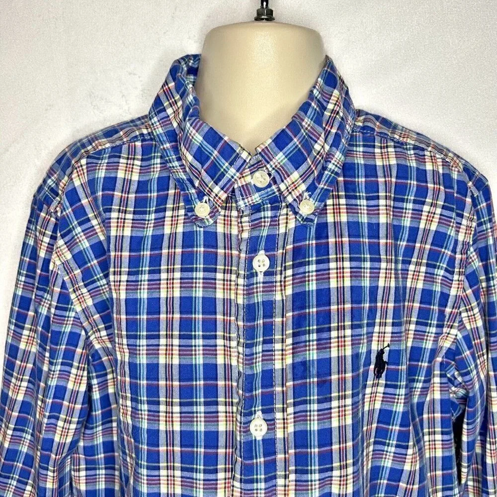 Ralph Lauren Boys Tops Button Down Shirt 7 Blue Plaid Cotton Pony Logo